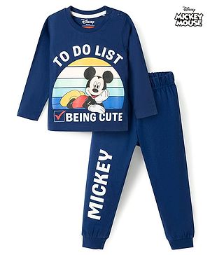 Babyhug Disney Single Jersey Knit Full Sleeves T-Shirt & Pyjama Night Suit With Mickey Mouse Graphics - Navy Blue