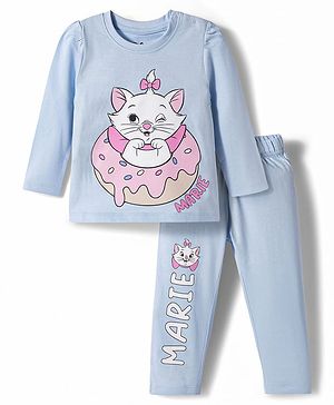 Babyhug Disney 100% Cotton Knit Full Sleeves T-Shirt & Pyjama Night Suit With Marie Graphics - Light Blue
