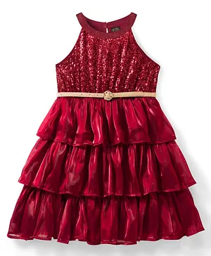 Hola Bonita Woven Sleeveless
                              Sequinned Layered Party Wear Dress With
                              Belt - Wine
