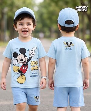 Babyhug Disney 100% Cotton Knit Half Sleeves T-Shirt & Shorts Set With Mickey Mouse Graphics - Light Blue