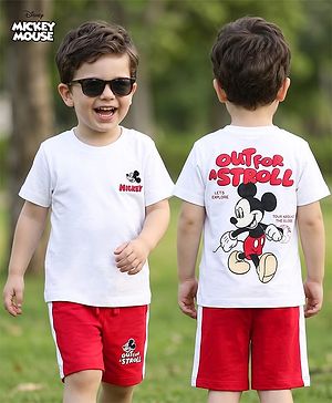 Babyhug Disney 100% Cotton Knit Half Sleeves T-Shirt & Shorts Set With Mickey Mouse Graphic - Red