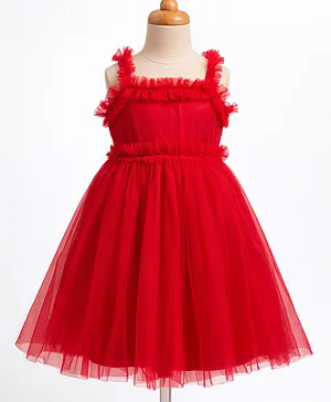 Babyhug Mesh Woven Sleeveless Party
                              Dress with Frill Detailing - Red