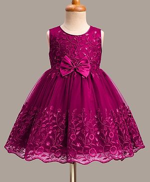 Babyhug Mesh Woven Sleeveless Party Dress with Floral Embroidery & Bow Applique - Wine
