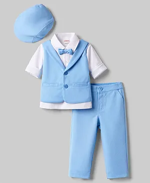 Babyhug Knit Full Sleeves Solid Party
                              Shirt & Trouser with Attached
                              Waistcoat Bow & Cap - Light Blue