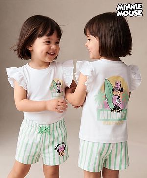Babyhug Disney 100% Cotton Knit Half Frill Sleeves T-Shirt & Shorts Set With Front & Back Minnie Mouse Graphics With Foil Detailing - White & Light Green