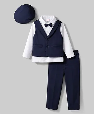 Babyhug Knit Full Sleeves 3 Piece Party Suit With Bow & Cap - Navy Blue