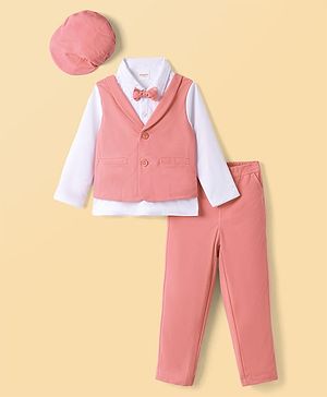 Babyhug Knit Full Sleeves Solid Party Shirt & Trouser with Attached Waistcoat Bow & Cap - Peach