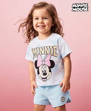 Babyhug Disney 100% Cotton Knit Half Sleeves T-Shirt & Shorts Set With Minnie Mouse Graphics - Light Blue