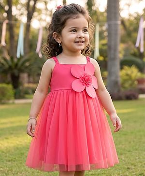 Babyhug Woven Sleeveless Mesh Party Dress with Floral Applique & Frill Detailing - Pink