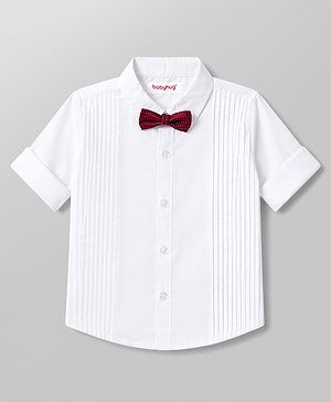 Babyhug Cotton Satin Woven Full Sleeves Pintuck Solid Shirt with Bow - White