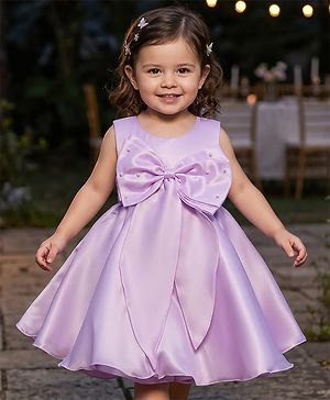 Babyhug Woven Sleeveless Party Dress with Bow Applique Cotton Lining & Pearl Detailing - Purple