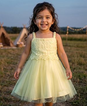 Babyhug Mesh Woven Sleeveless Party Dress with Floral Embroidery - Yellow