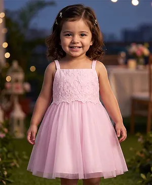 Babyhug Mesh Woven Sleeveless Party
                              Dress with Floral Embroidery - Pink