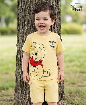 Babyhug Disney 100% Cotton Knit Half Sleeves T-Shirt & Shorts Set With Winnie The Pooh Graphics - Yellow
