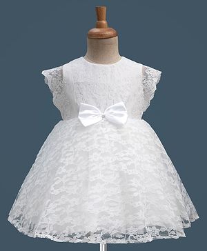 Babyhug Lace Woven Cap Sleeves Party Dress With Satin Bow Applique & Cotton Lining - White