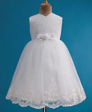 Babyhug Mesh Woven Sleeveless 5 Layer Embroidered Party Gown with Yoke Pleating & Corsage Detailing - White