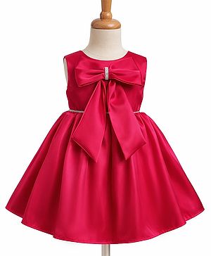 Babyhug Woven Sleeveless Party Dress with Bow Detailing & Cotton Lining - Dark Pink