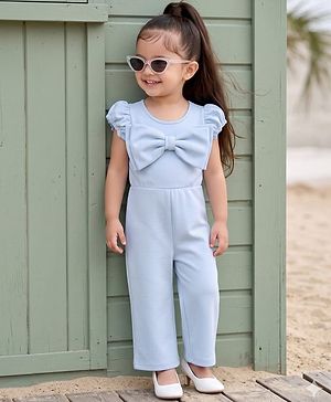 Babyhug Scuba Woven Half Sleeves Party Jumpsuit With Bow Applique - Light Blue