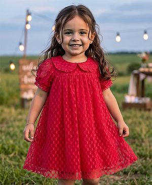Babyhug Mesh Woven Half Sleeves Fit & Flare Party Peter Pan Collared Frock With Swiss Dot Detailing - Red