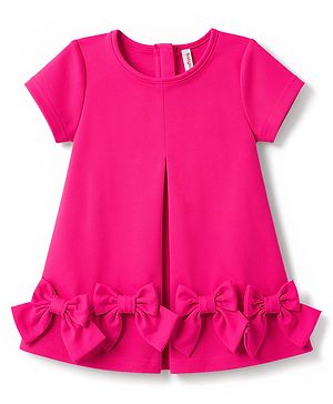 Babyhug Scuba Knit Half Sleeves Party Dress With Frill Detailing & Bow Applique  - Dark Pink
