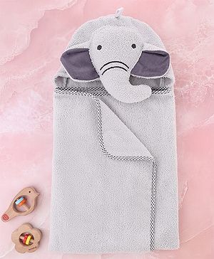 Babyhug Cotton Knit Microfiber  Hooded Towel With Elephant Embroidery - Grey