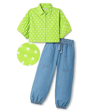 OLLINGTON ST. Sinker Knit Half
                              Sleeves Top & Denim Jogger Set With
                              Polka Dots Print - Multicolor