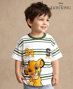 Babyhug Disney Cotton Knit T-Shirts With Half Sleeves and Simba Print - White