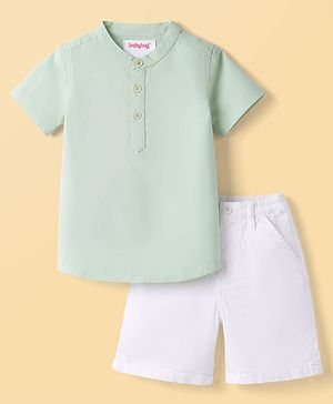 Babyhug Cotton Woven Half Sleeves Mandarin Collar Kurta Style Shirt & Shorts Set - Light Green