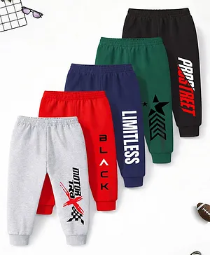 Trampoline Cotton Blend Knit Pack Of 5 Typography Printed Joggers - Multi Colour