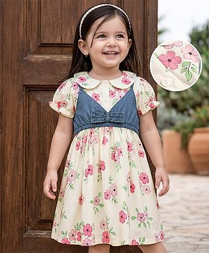 Babyhug Cotton Woven Half Sleeves Floral Printed Frock With Jacket - OffWhite