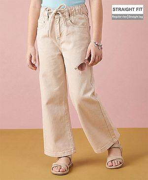 Arias Cotton Woven Full Length Washed Jeans - Beige