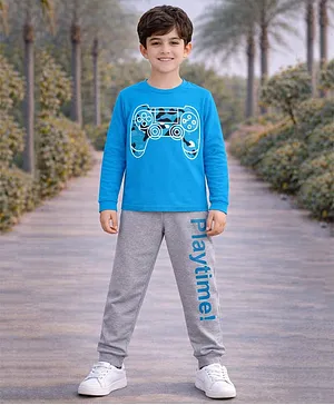 Unicorns Cotton Knit Full Sleeves
                              Remote Printed Tee & Joggers Night
                              Suit - Blue & Grey