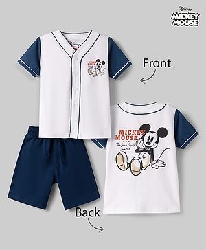 Babyhug Disney 100% Cotton Knit Half Sleeves Front Open T-Shirt & Shorts Set With Mickey Mouse Graphic - Navy Blue