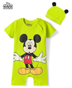 Babyhug Disney Raglan Half Sleeves Romper & Cap With Mickey Mouse Graphics - Green
