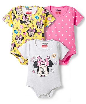 Babyhug Disney Interlock Knit Half Sleeves Onesies With Minnie Mouse Graphics Pack of 3 - Multicolor