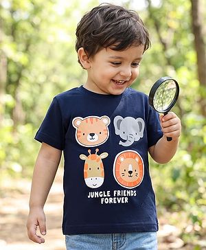 Babyhug 100% Cotton Knit Half Sleeves T-Shirt with Animal Face Applique - Navy