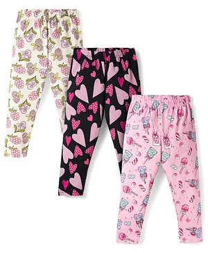 CUCUMBER Sinker Knit Full Length
                              Hearts & Tropical Theme Printed
                              Leggings Pack Of 3 - Black Baby Pink &
                              Cream