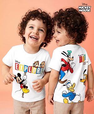 Babyhug Disney 100% Cotton Knit Half Sleeves T-Shirt With Front & Back Mickey Mouse & Friends Graphic - White