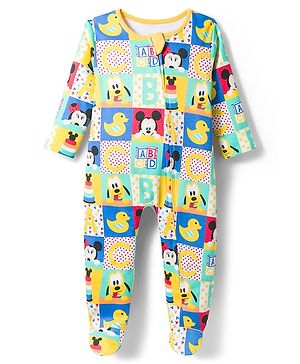 Babyhug Disney Interlock Knit Full Sleevs Footed Sleep Suit Mickey & Friends Print- Blue