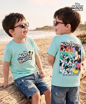 Babyhug Disney Cotton Knit Half Sleeves T-Shirt with Front & Back Mickey & Friends Print - Sea Green