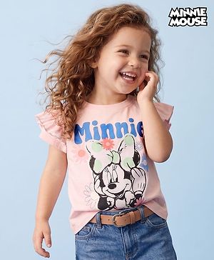 Babyhug Disney Single Jersey Knit Half Sleeves T-Shirts with Minnie Mouse Graphics & Frill Detailing - Pink