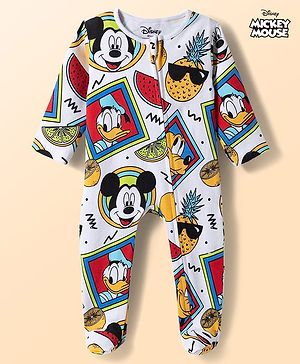 Babyhug Disney Interlock Knit Full Sleeves Footed Sleepsuit with Mickey & Friends Print - White