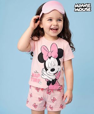 Babyhug Disney Single Jersey Knit Half Sleeves T-Shirt & Shorts Night Suit with Minnie Mouse Print - Pink