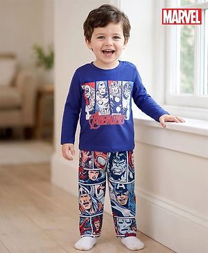Babyhug Marvel Single Jersey Knit Full Sleeves T-Shirt & Pyjama Night-Suit With Avengers Graphics - Blue