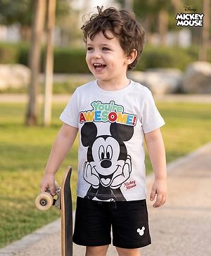 Babyhug Disney Single Jersey Knit Half Sleeves T-Shirt & Shorts Set With Mickey Mouse Graphics - Multicolor