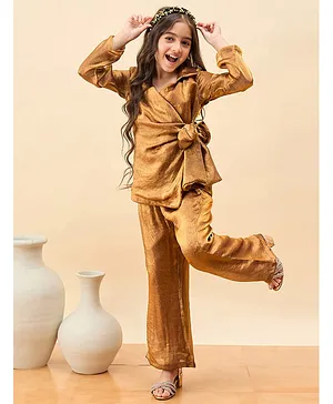 StyloBug Woven Full Sleeves Solid Tie
                              Up Top & Pants Set -Brown