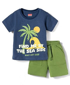 Babyhug Single Jersey Knit Half Sleeves T-Shirt & Shorts Set With Beach Theme Print - Navy Blue & Olive Green