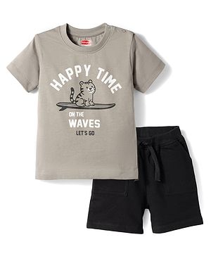 Babyhug Single Jersey Knit Half Sleeves T-Shirt & Shorts Set With Cat Print - Grey & Black
