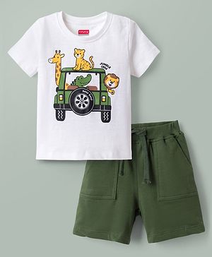 Babyhug Single Jersey Knit Half Sleeves T-Shirt & Shorts Set With Animal Print - White & Olive Green