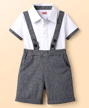 Babyhug Single Jersey Knit Half Sleeves Solid Polo T-Shirt & Shorts Set - White & Grey